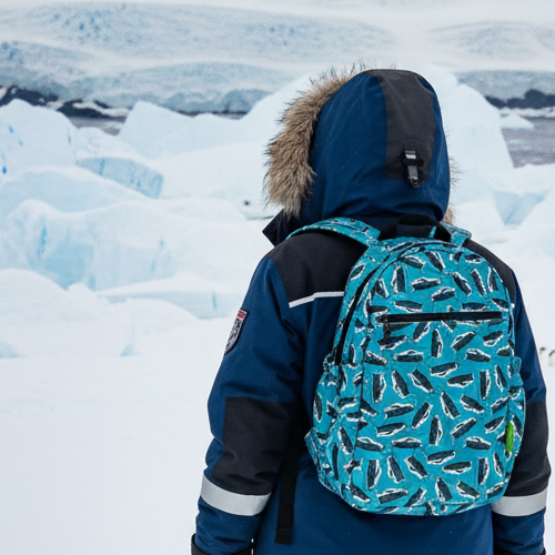 Foldaway penguin backpack made from recycled bottles