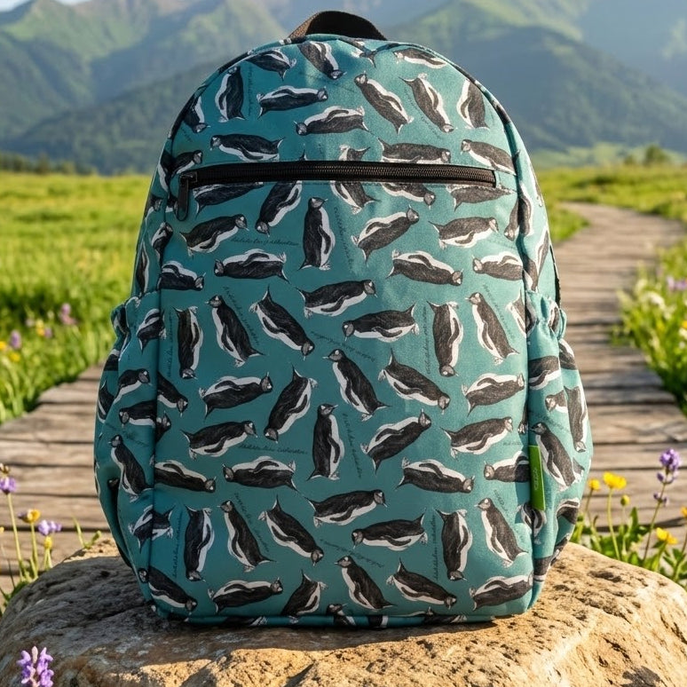 Foldaway penguin backpack made from recycled bottles