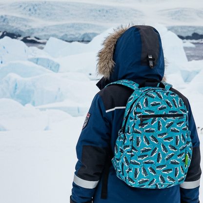 Foldaway penguin backpack made from recycled bottles
