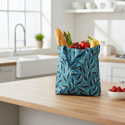Foldaway penguin shopping bag made from recycled bottles