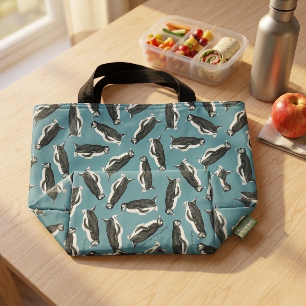 Foldaway penguin lunch bag made from a recycled bottle